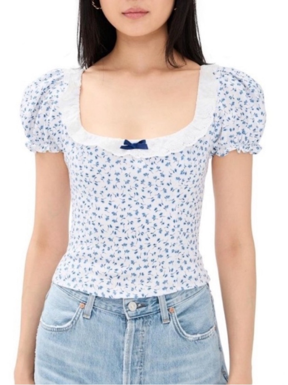 Reformation Alice Square-Neck Puff Sleeve Top - Blue